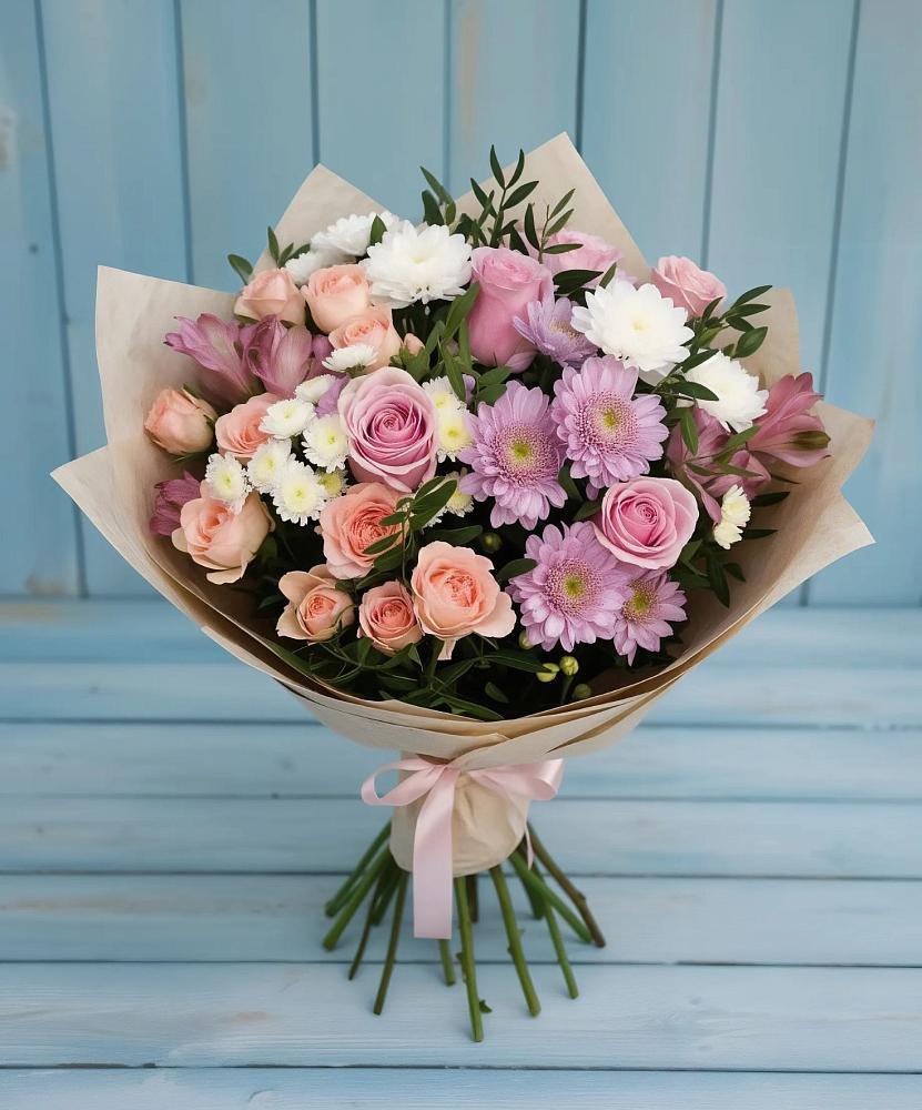 Букет цветов из: Хризантемы, Розы и Альстромерии в Пинюг