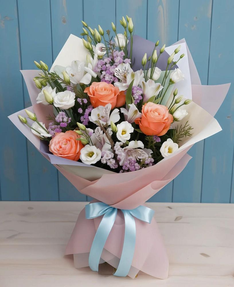 Букет цветов из: Лизиантусы, Розы, Альстромерии и Гипсофила в Пинюг
