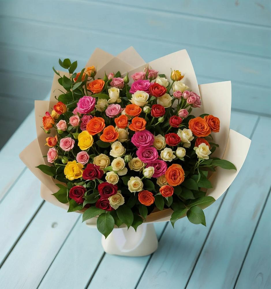 Букет Микс из разноцветных кустовых роз в Пинюг
