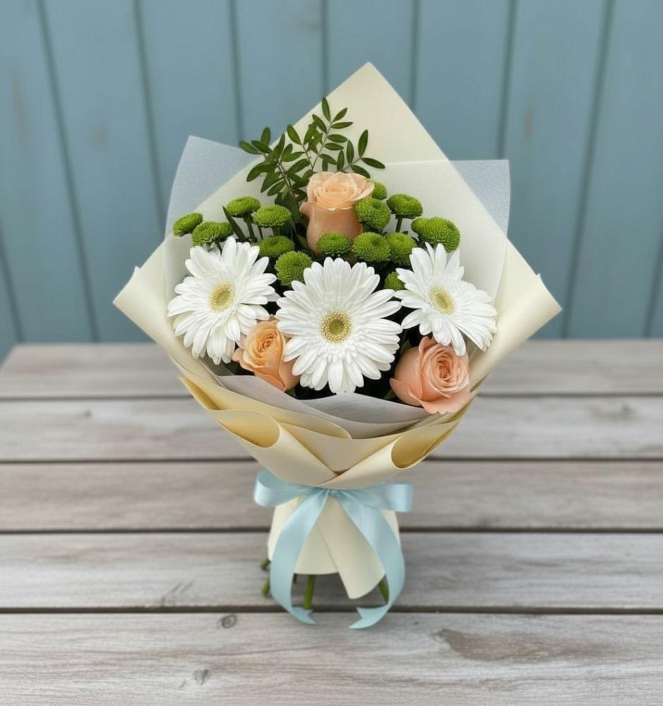 Букет цветов из: Герберы, Розы и Хризантемы в Пинюг