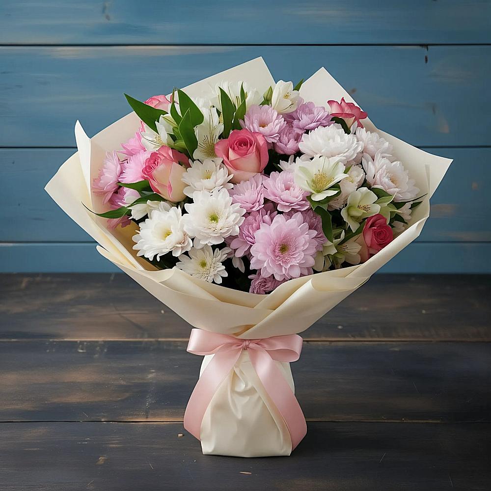 Букет цветов из: Хризантемы, Альстромерии и Розы в Пинюг